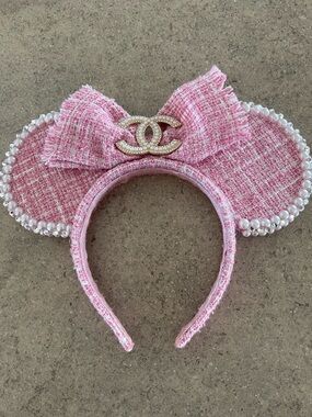 Pink Tweed beaded minnie/mickey mouse ears headband - previously loved